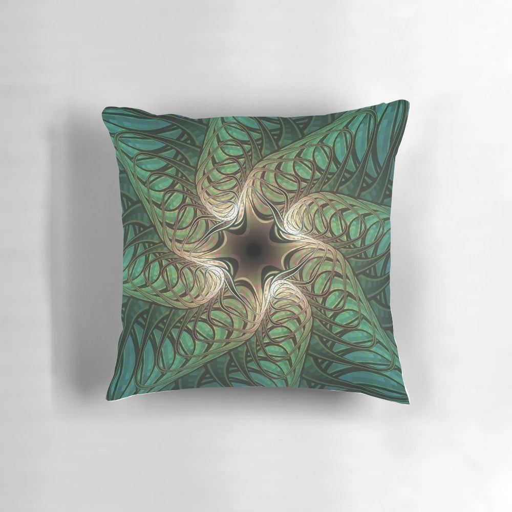 Pillow featuring a faded, fractal-like image of a blue rose echeveria imbricata succulent plant.