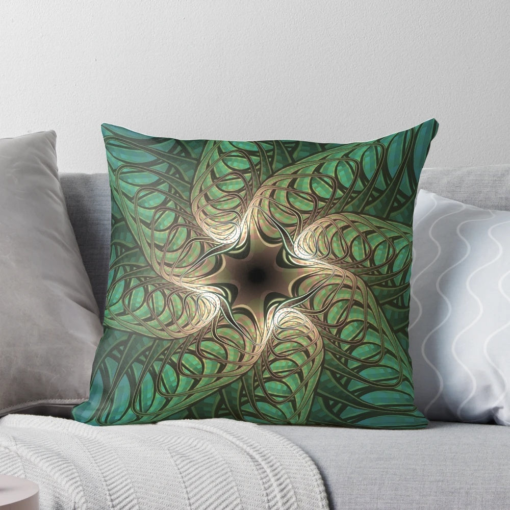 Pillow featuring a faded, fractal-like image of a blue rose echeveria imbricata succulent plant.