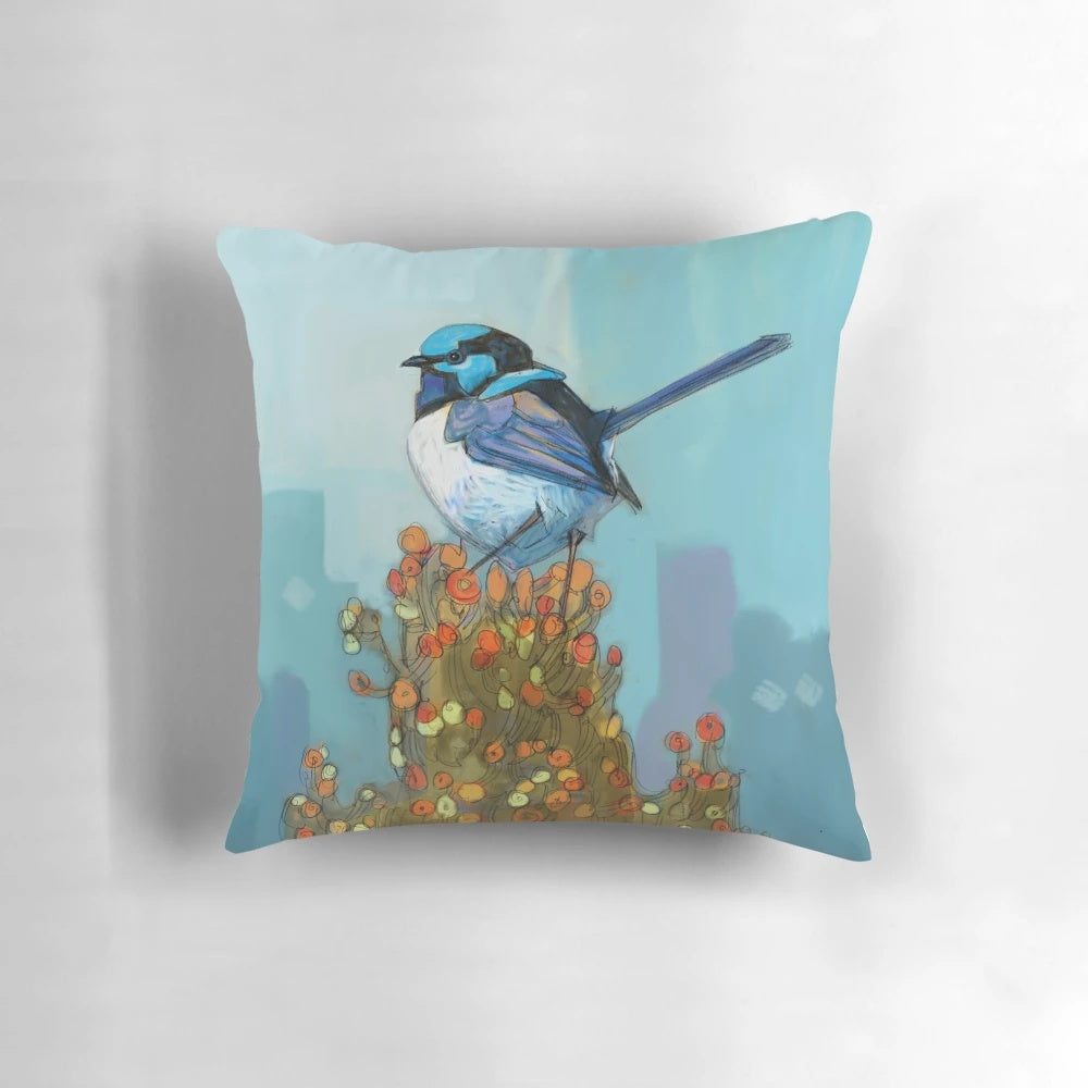 Blue wren perched on a bush, showcasing the bird's stunning plumage in a nature-inspired design.