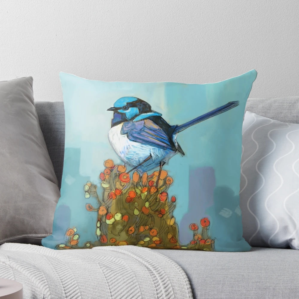 Blue wren perched on a bush, showcasing the bird's stunning plumage in a nature-inspired design.