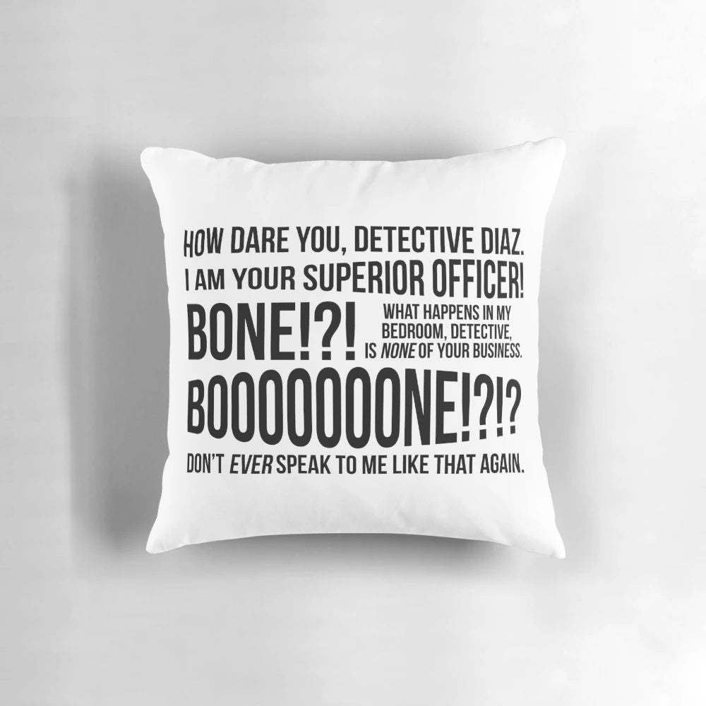BONE!" pillow with bold typography featuring Captain Raymond Holt from the popular TV show Brooklyn Nine-Nine
