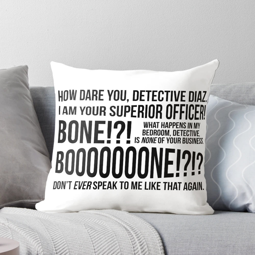 BONE!" pillow with bold typography featuring Captain Raymond Holt from the popular TV show Brooklyn Nine-Nine
