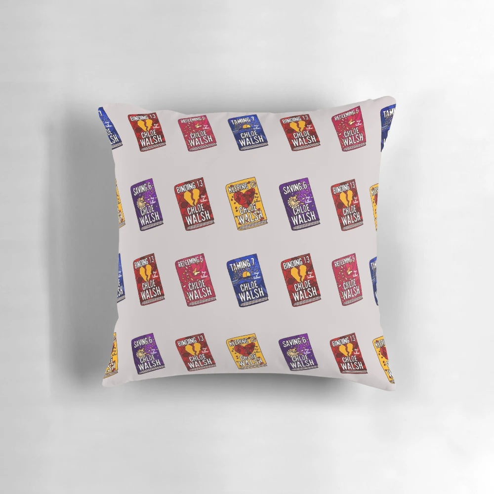 Pillow featuring the book covers of the Boys of Tommen fantasy series by author Chloe Walsh