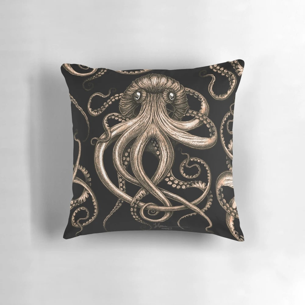 A decorative bronze-colored pillow featuring a detailed kraken or octopus design, perfect for adding a touch of marine life to your home.