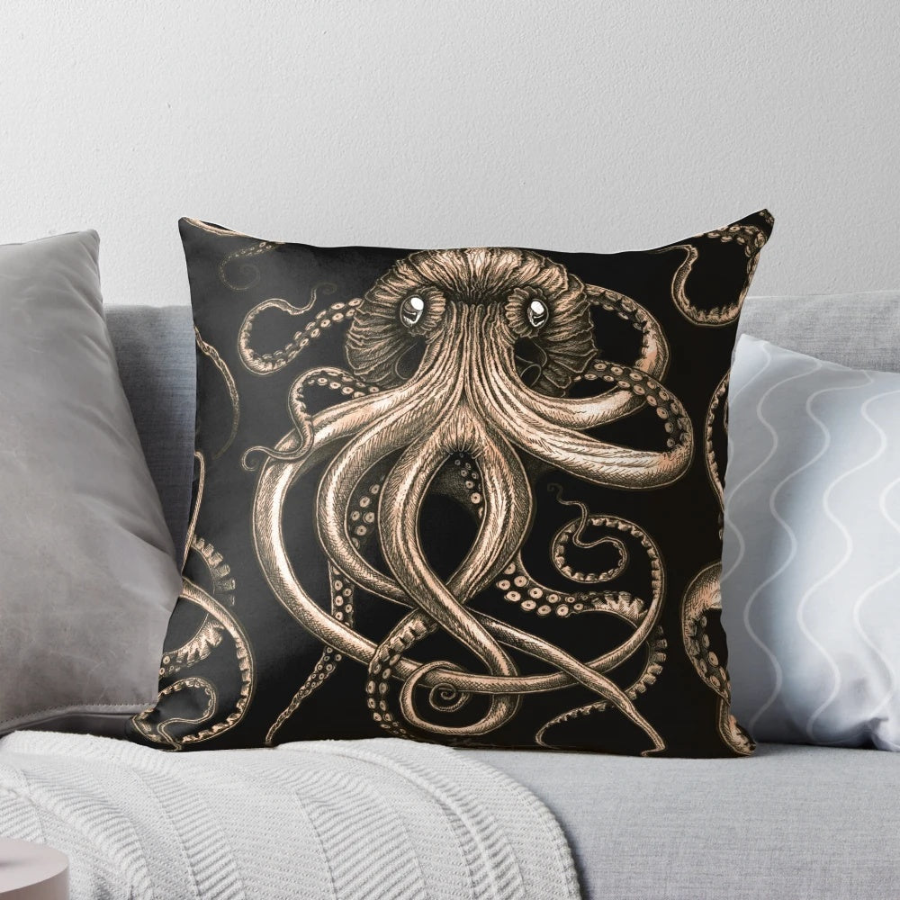 A decorative bronze-colored pillow featuring a detailed kraken or octopus design, perfect for adding a touch of marine life to your home.