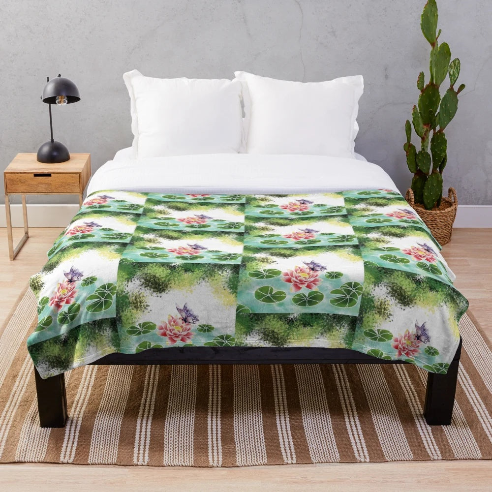 Butterfly and lotus pattern plush blanket