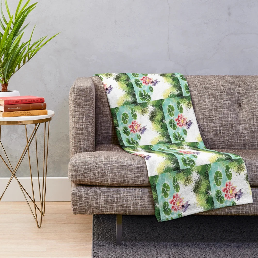 Butterfly and lotus pattern plush blanket