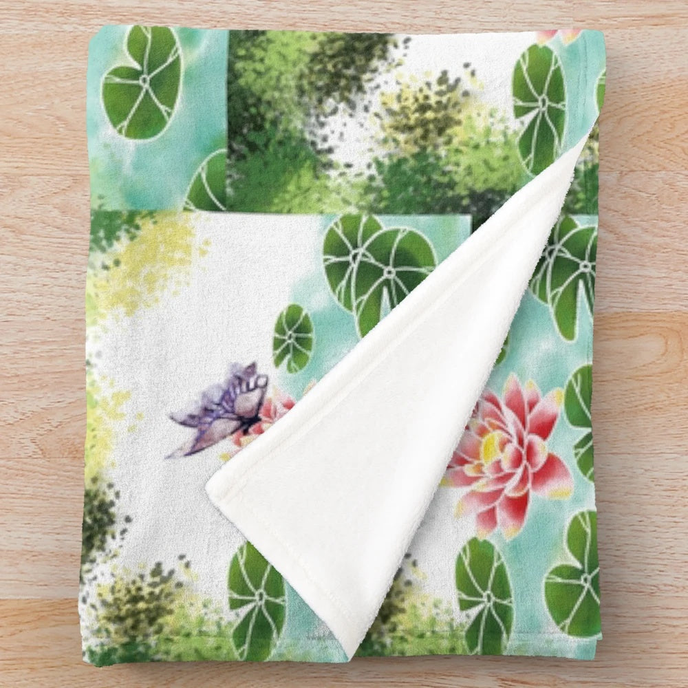 Butterfly and lotus pattern plush blanket