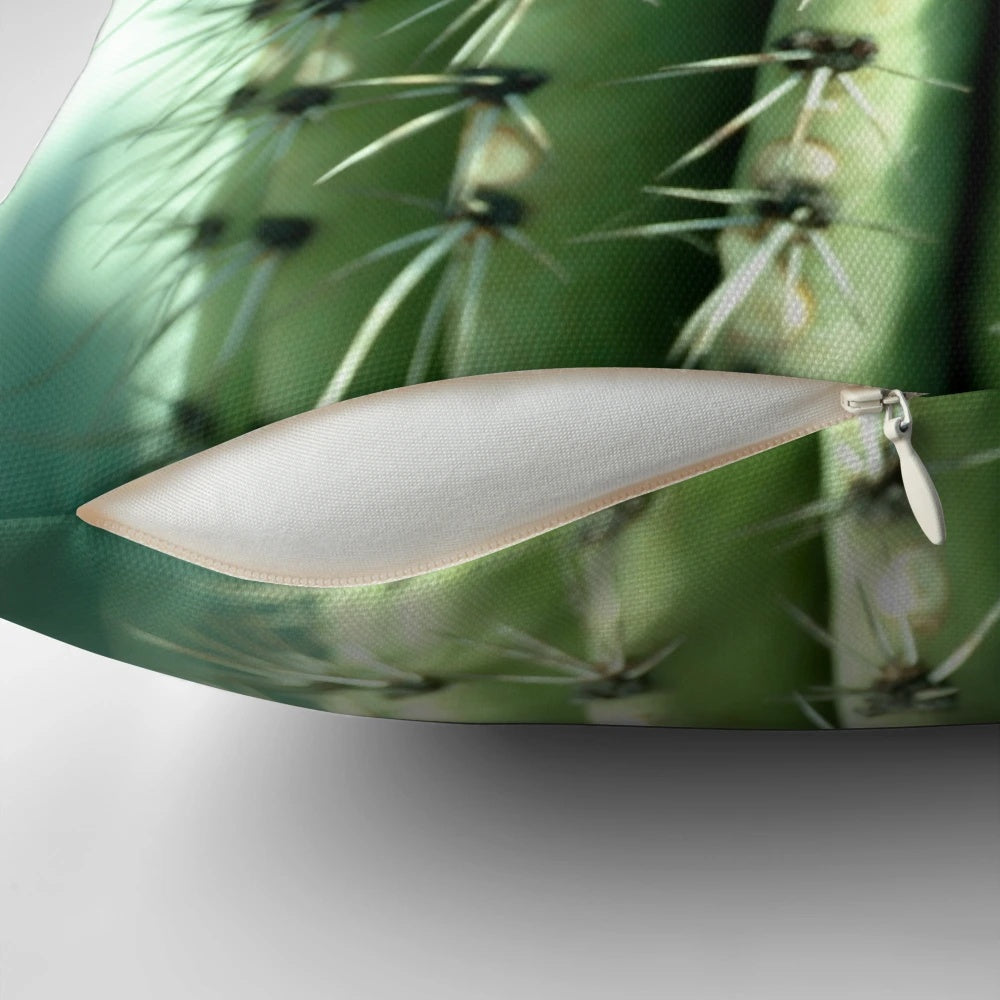 Close-up photograph of a vibrant green cactus plant on a soft, plush pillow