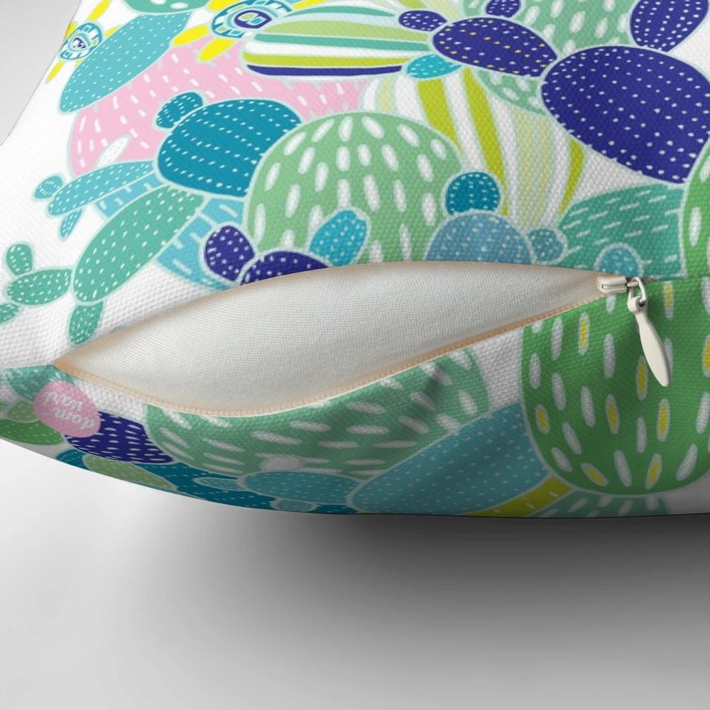 Vibrant cactus and succulent themed pillow with hand-drawn botanical design