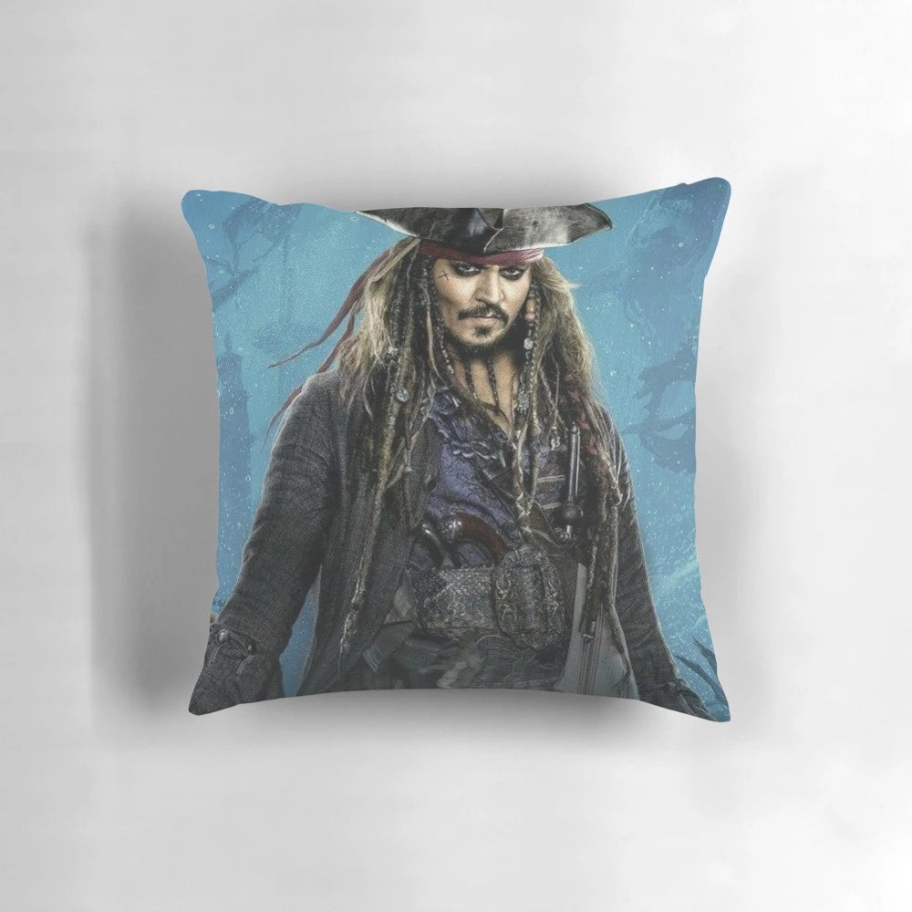 Decorative pillow featuring the iconic character Captain Jack Sparrow from the Pirates of the Caribbean franchise.