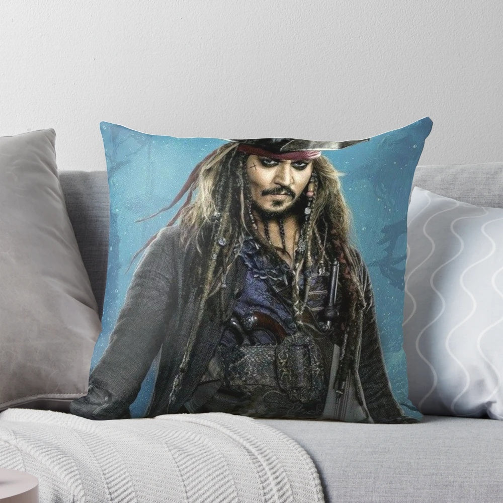 Decorative pillow featuring the iconic character Captain Jack Sparrow from the Pirates of the Caribbean franchise.