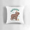 Colorful illustration of a capybara's anatomical features on a decorative throw pillow
