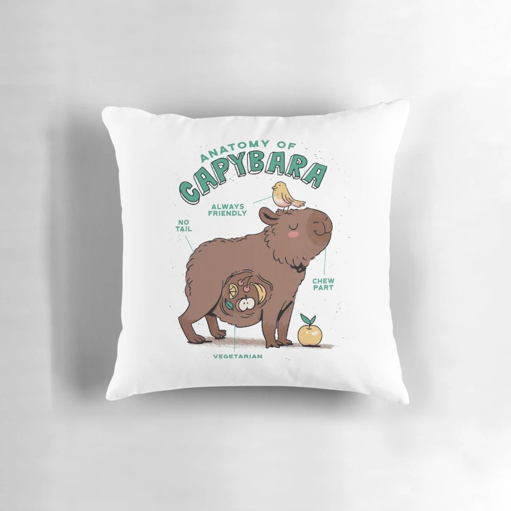 Colorful illustration of a capybara's anatomical features on a decorative throw pillow