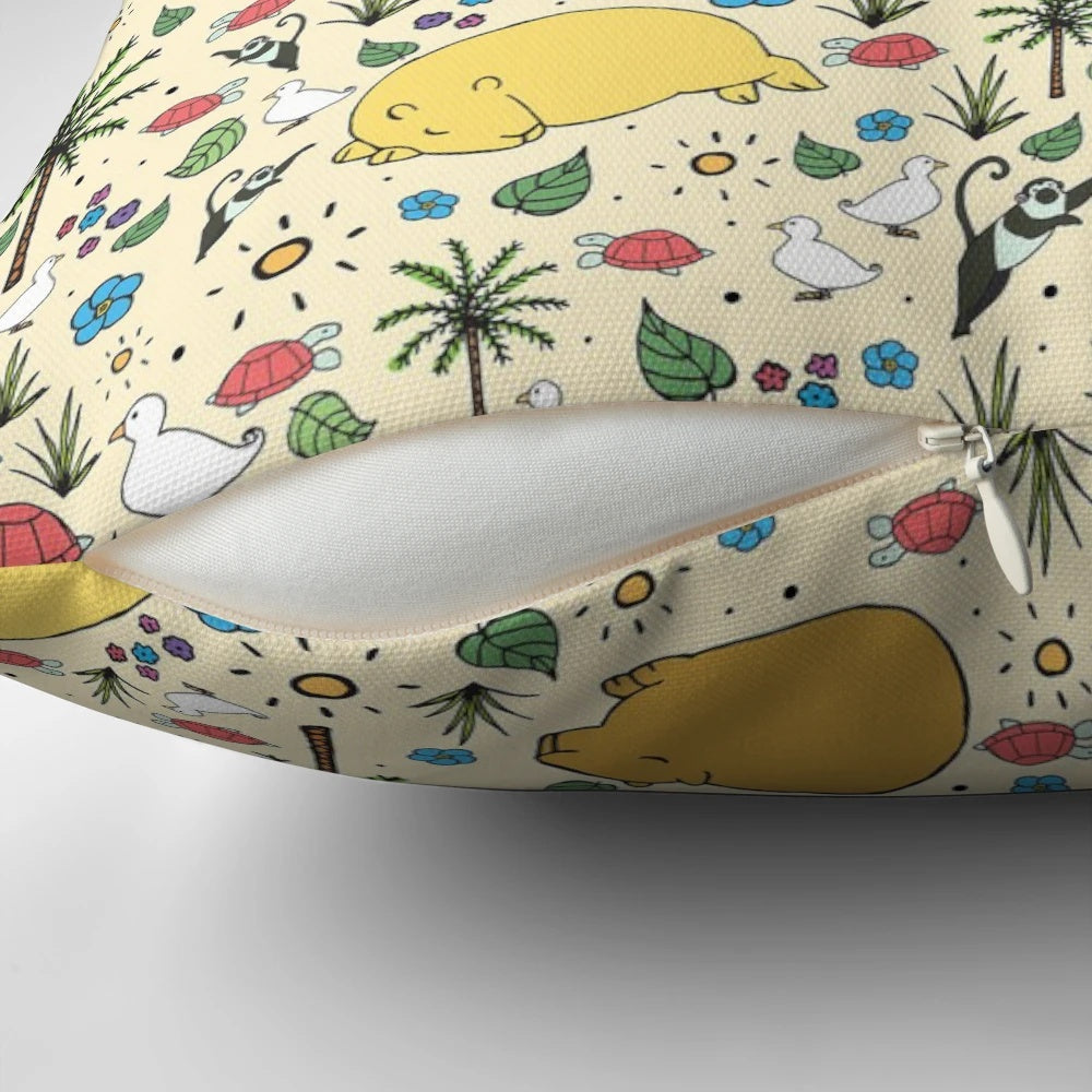 A decorative pillow featuring a vibrant gold pattern and adorable capybara design