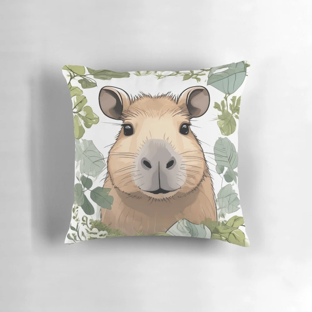 Soft, plush capybara-themed throw pillow with nature-inspired design