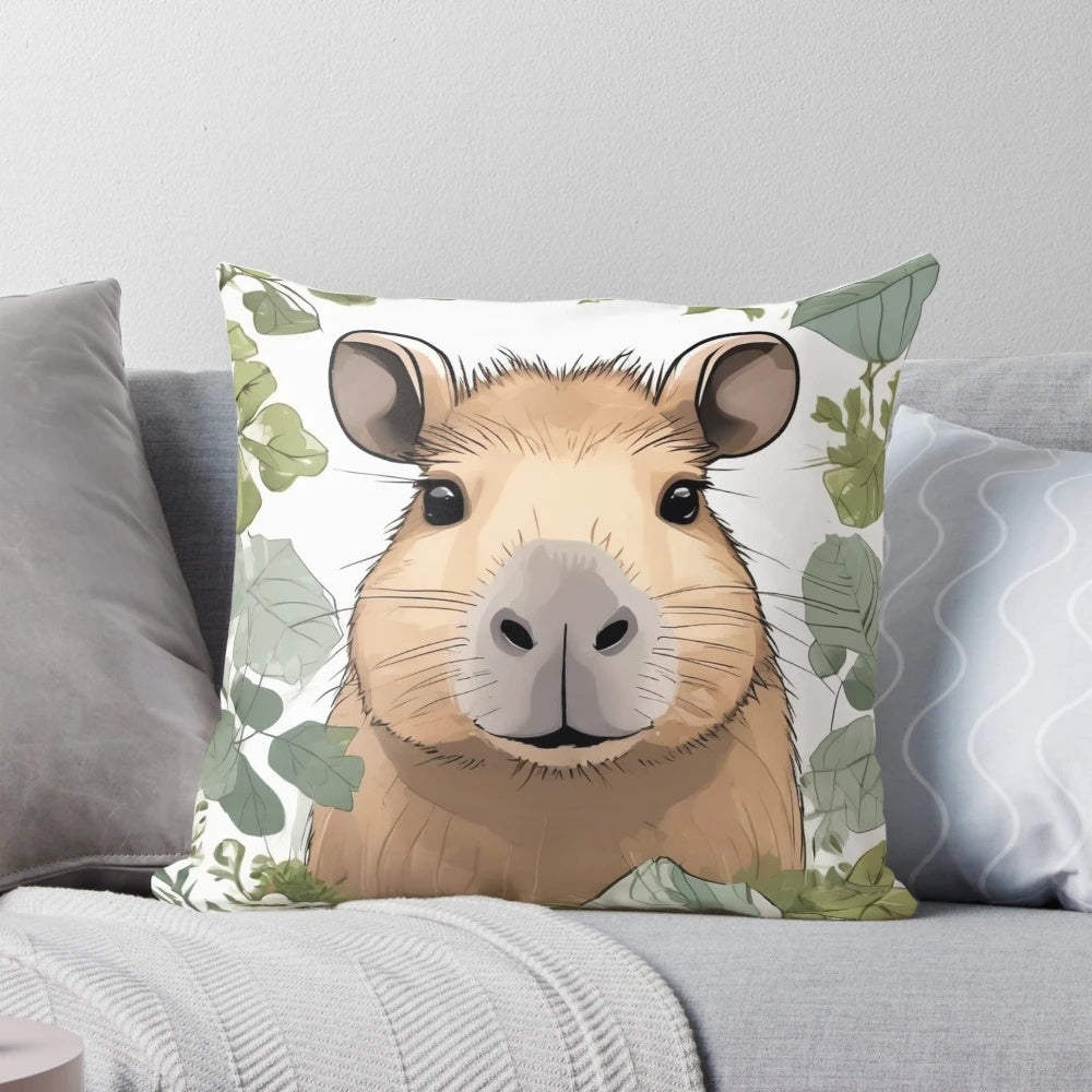 Soft, plush capybara-themed throw pillow with nature-inspired design