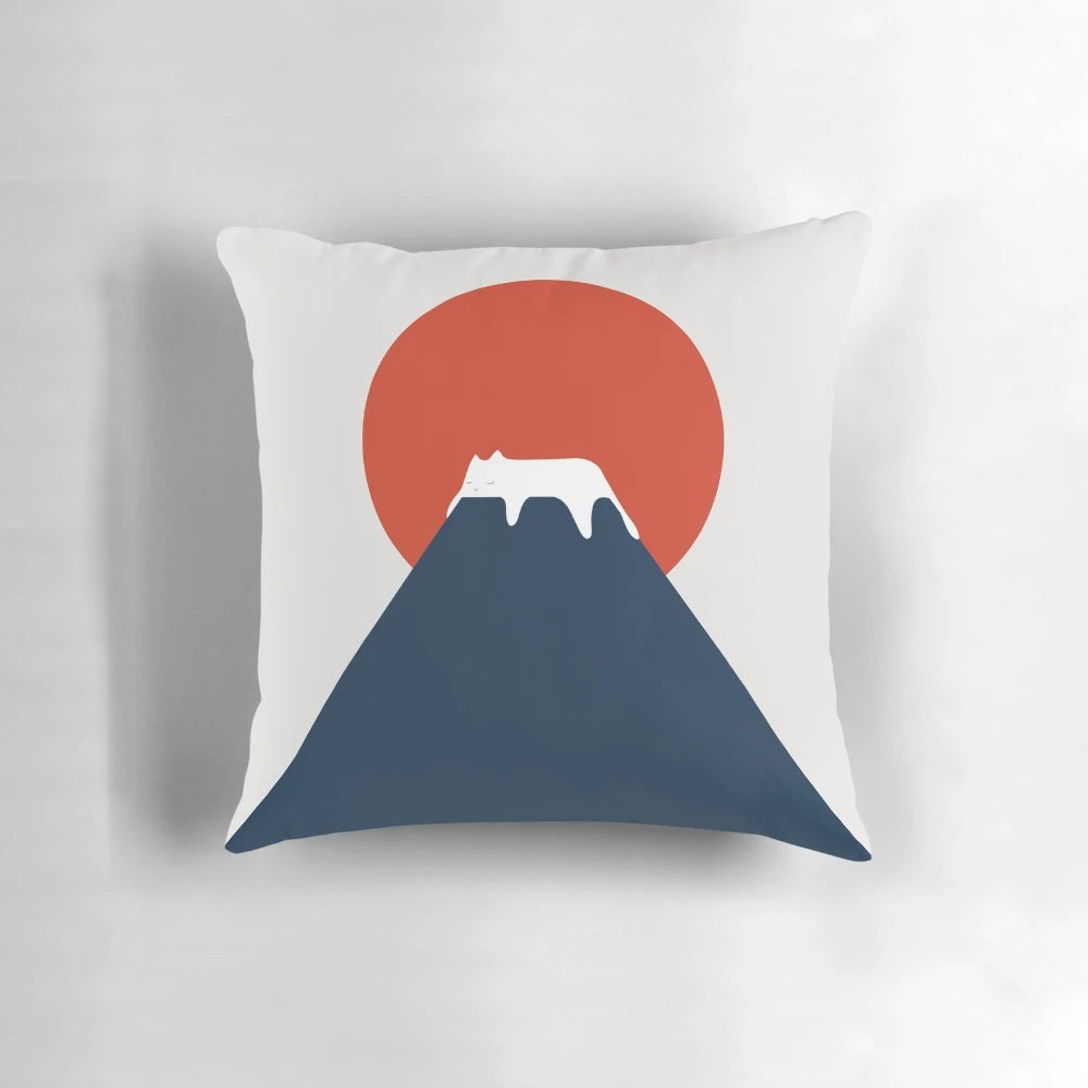 A serene cat landscape pillow featuring a minimalist, abstract cat design against a sunset backdrop.