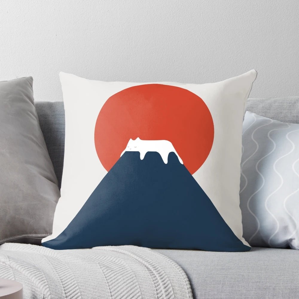 A serene cat landscape pillow featuring a minimalist, abstract cat design against a sunset backdrop.