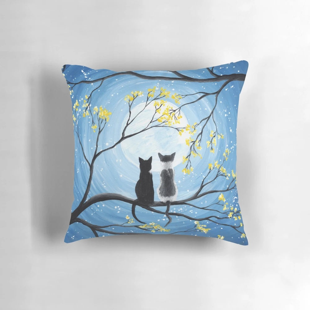 Vibrant acrylic painting depicting two cats under a starry full moon sky with trees in the background.