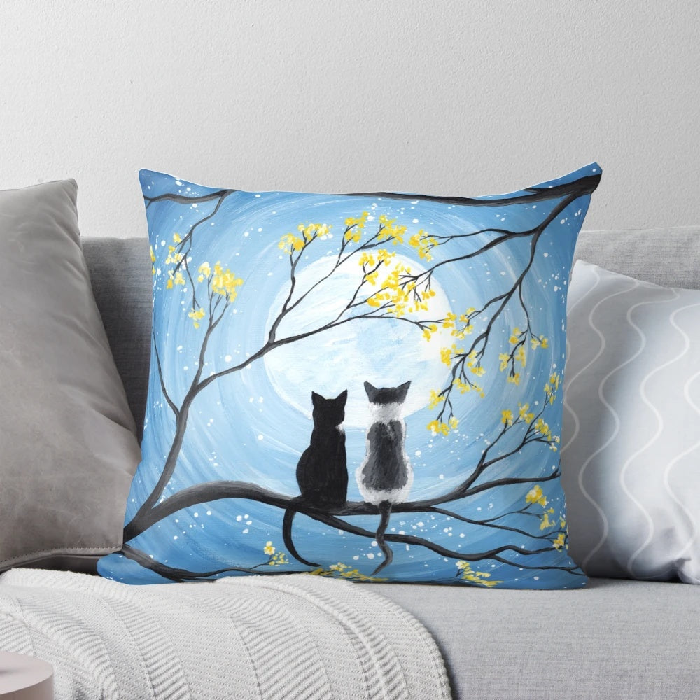 Vibrant acrylic painting depicting two cats under a starry full moon sky with trees in the background.