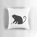 A cozy black pillow featuring a curious cat design, perfect for fantasy and gaming enthusiasts.