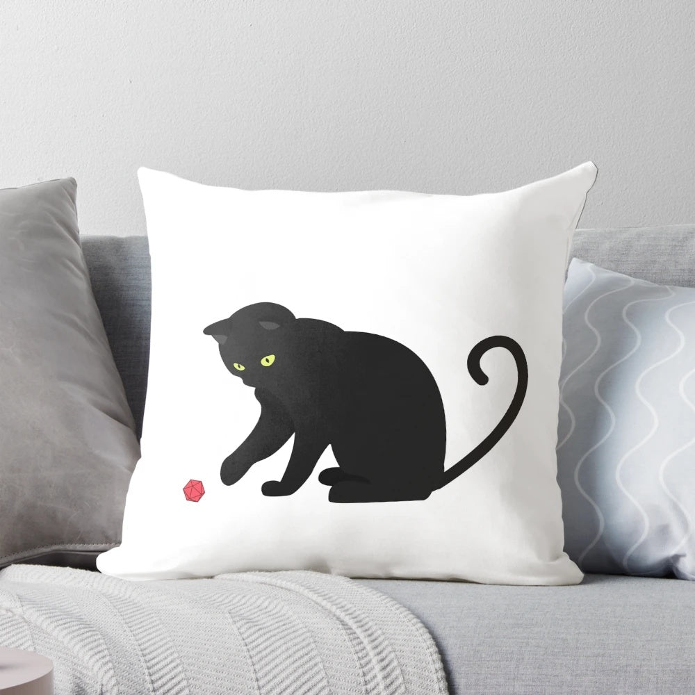 A cozy black pillow featuring a curious cat design, perfect for fantasy and gaming enthusiasts.