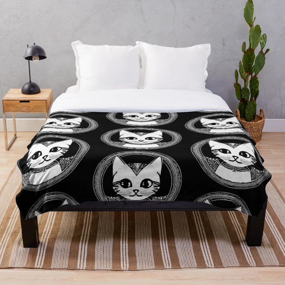 Cozy cat plush blanket with abstract legendary animal silhouette design