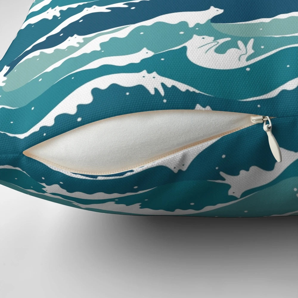 Vibrant cat waves pillow with a serene ocean landscape design