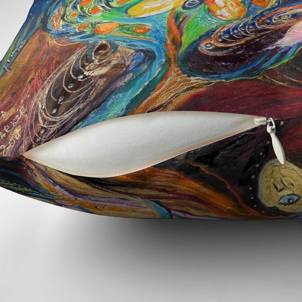 Vibrant Chagall-inspired pillow with abstract, spiritual symbols and Hebrew lettering.