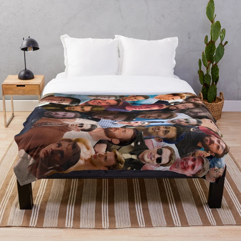 Soft and cozy plush blanket featuring a collage of Chris Evans photos