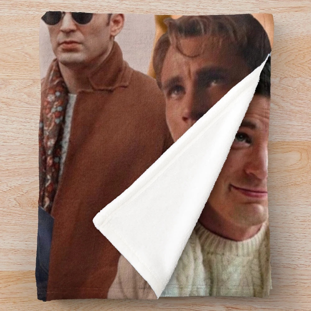 Soft and cozy plush blanket featuring a collage of Chris Evans photos