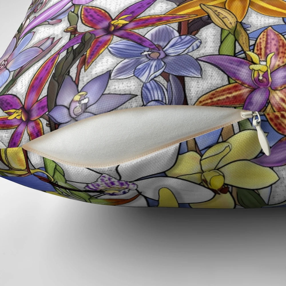 Decorative throw pillow featuring a collage of vibrant Western Australian native orchids, including the Queen of Sheba, Donkey, and Blue China varieties.