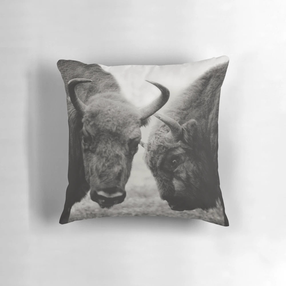 A monochrome pillow with a striking image of a bison, perfect for nature-inspired home decor.