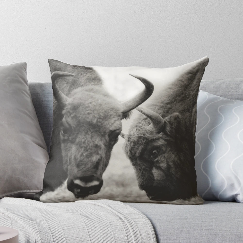 A monochrome pillow with a striking image of a bison, perfect for nature-inspired home decor.