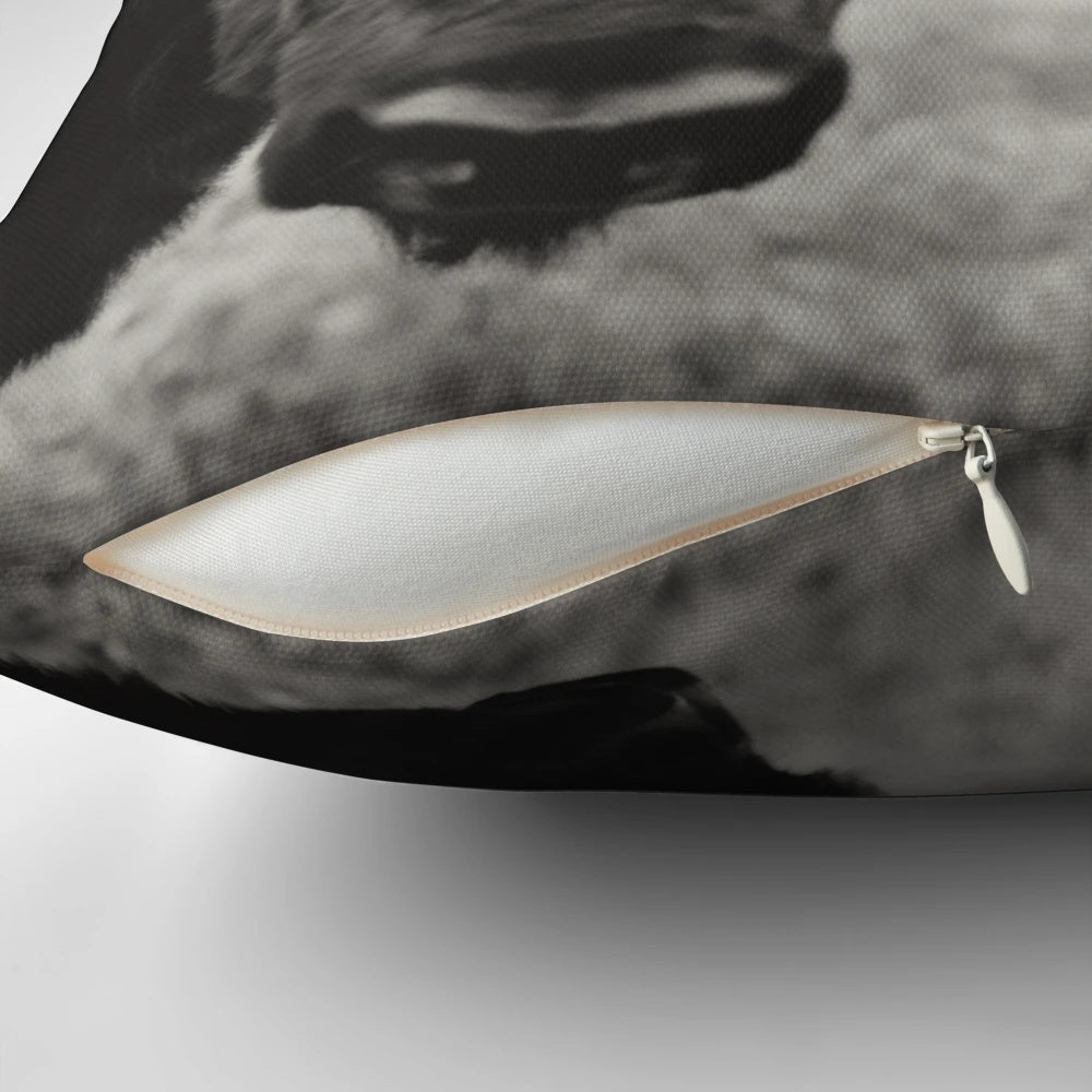 A monochrome pillow with a striking image of a bison, perfect for nature-inspired home decor.