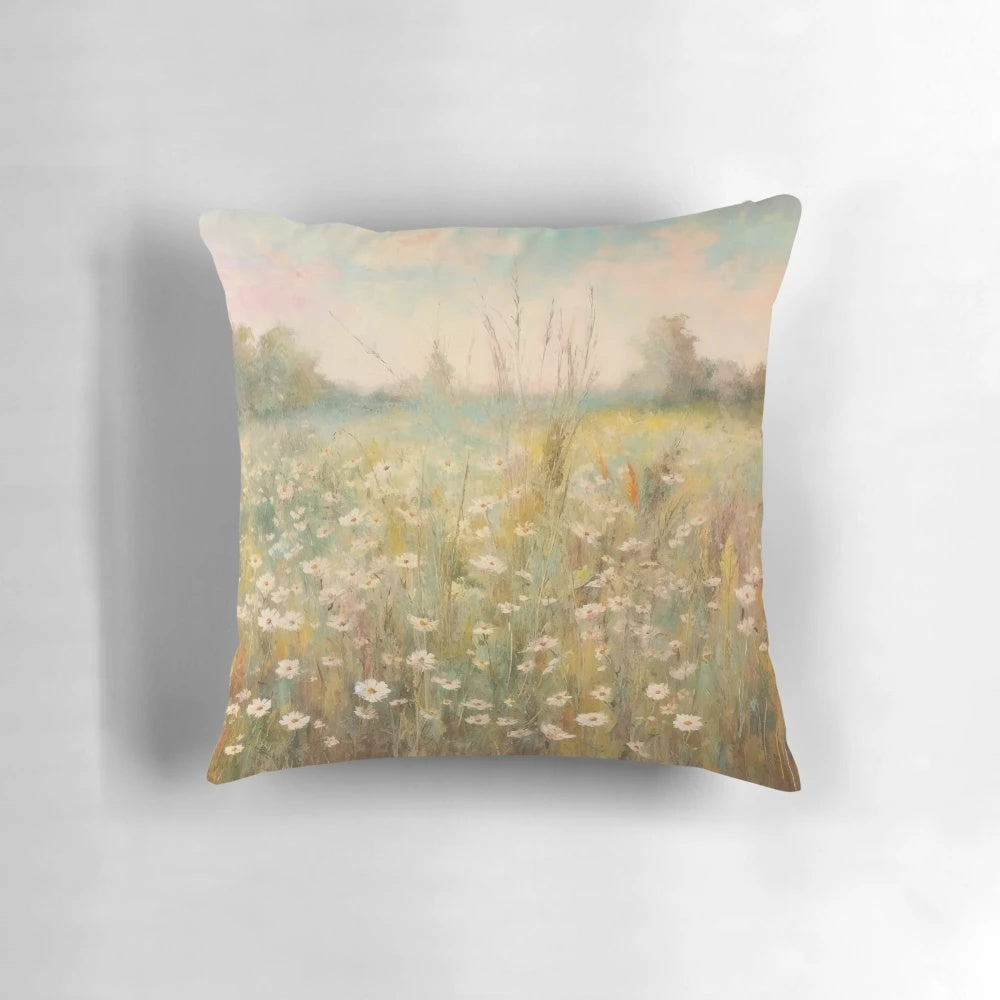 Vibrant wildflowers in a picturesque countryside landscape on a cozy throw pillow