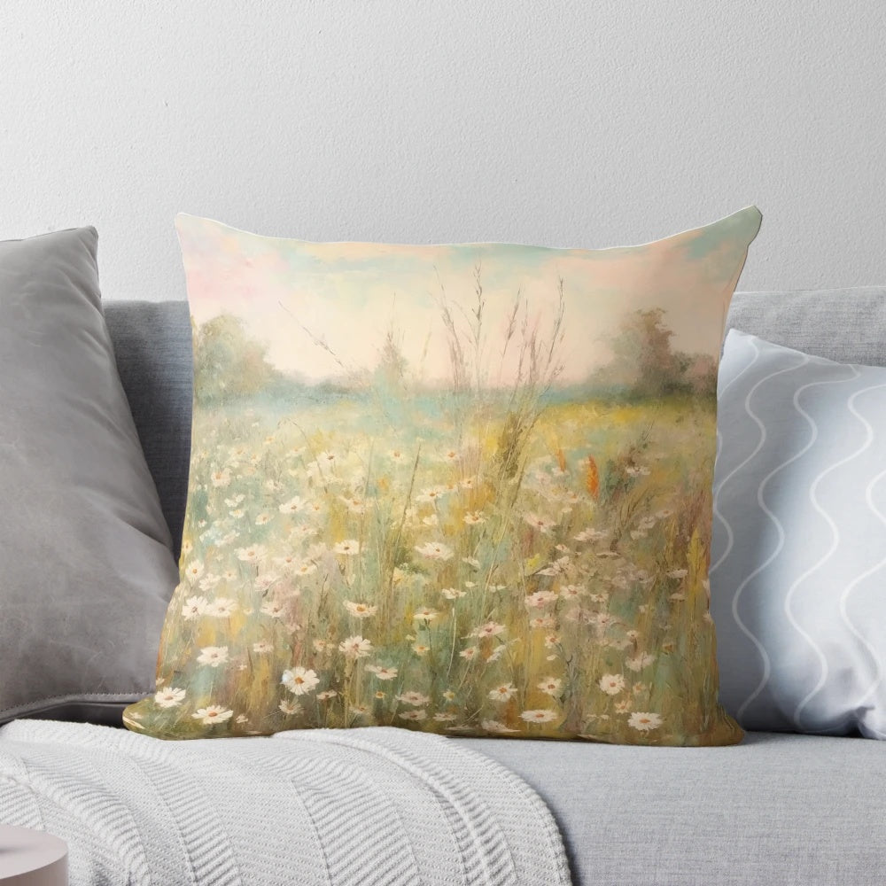 Vibrant wildflowers in a picturesque countryside landscape on a cozy throw pillow