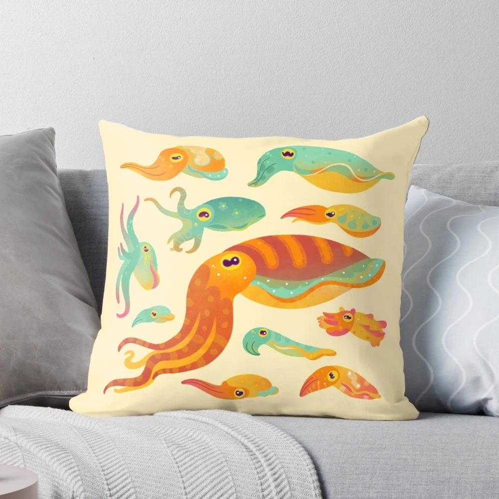 Plush cuttlefish pillow with vibrant tentacles and marine-inspired design
