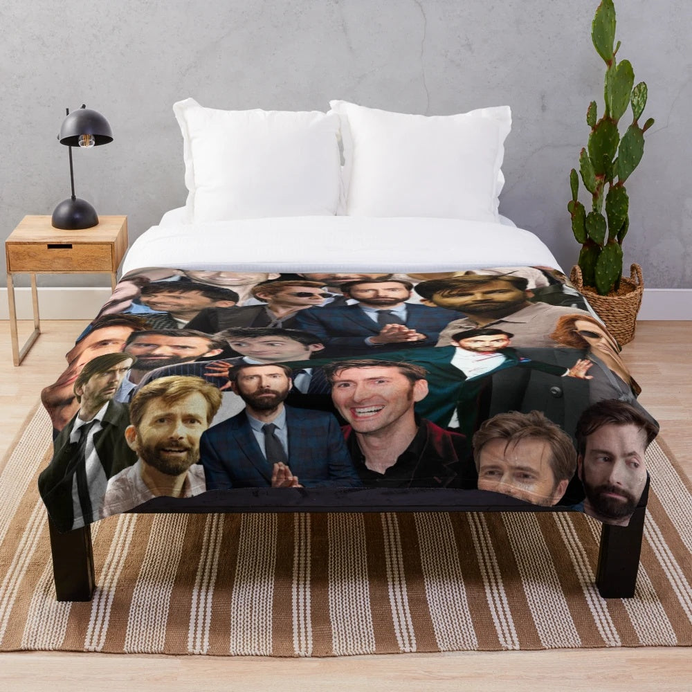 Plush blanket featuring a collage of images of the renowned British actor David Tennant