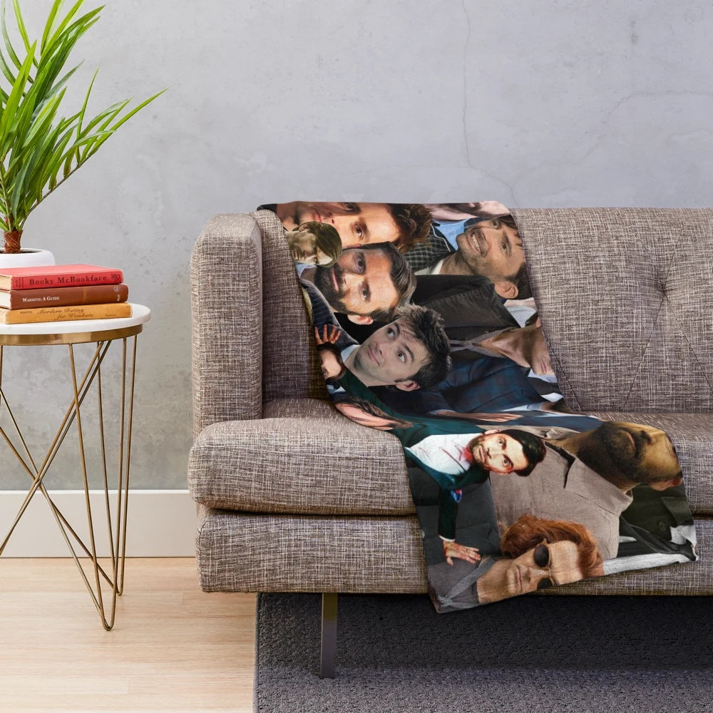 Plush blanket featuring a collage of images of the renowned British actor David Tennant