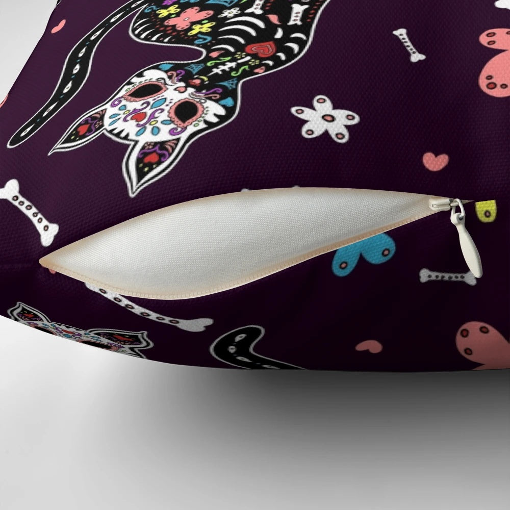 Vibrant dia de los gatos pillow featuring sugar skull and floral design