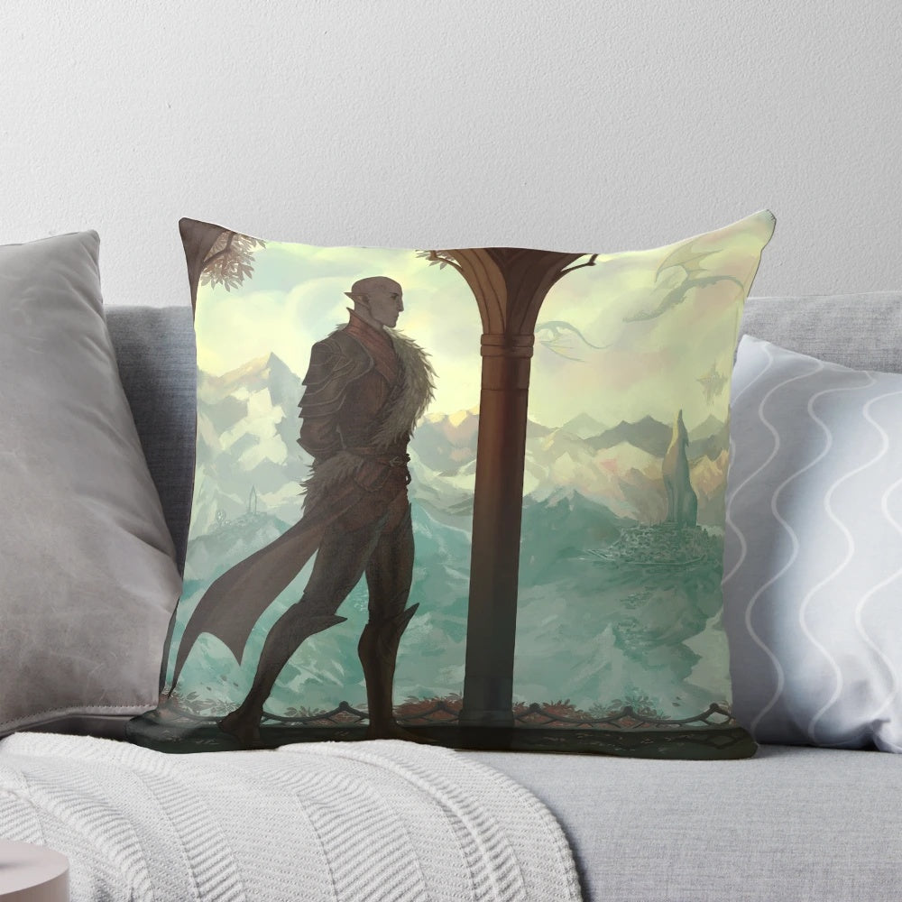 Dragon Age-inspired elf pillow featuring the Dread Wolf symbol