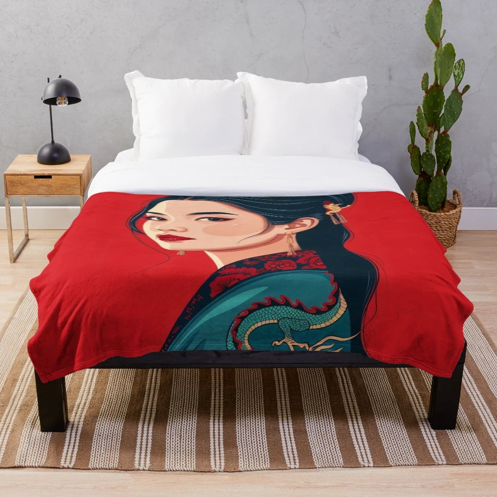 Stylized dragon portrait on a cozy plush blanket