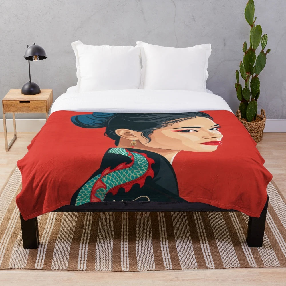 A stylized dragon-inspired plush blanket with a modern, fashion-forward design