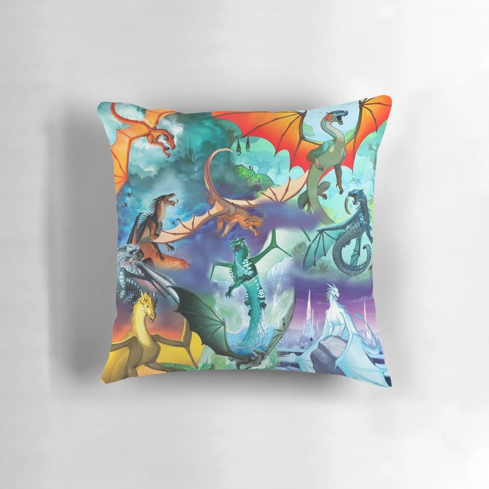 A colorful and whimsical dragon pattern pillow, perfect for fans of the Wings of Fire book series.