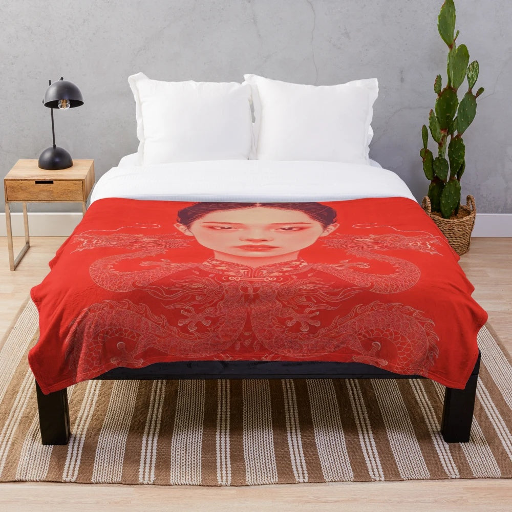 Stylized woman portrait design plush blanket with dragon motif