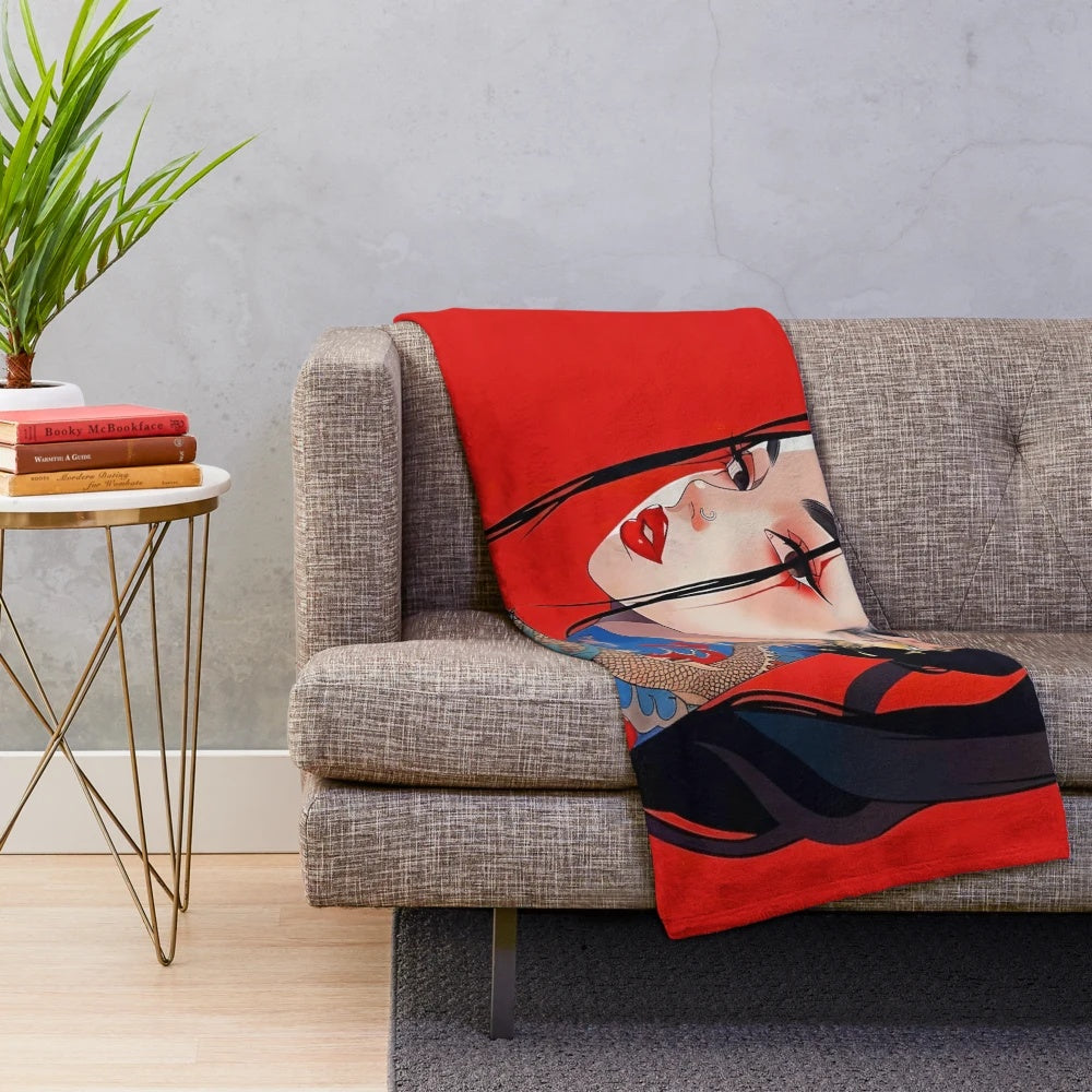 Stylized dragon portrait plush blanket with a bold, fiery design