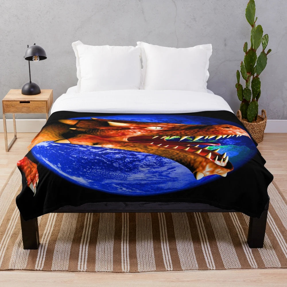 Dragon-themed plush blanket with abstract, colorful patterns