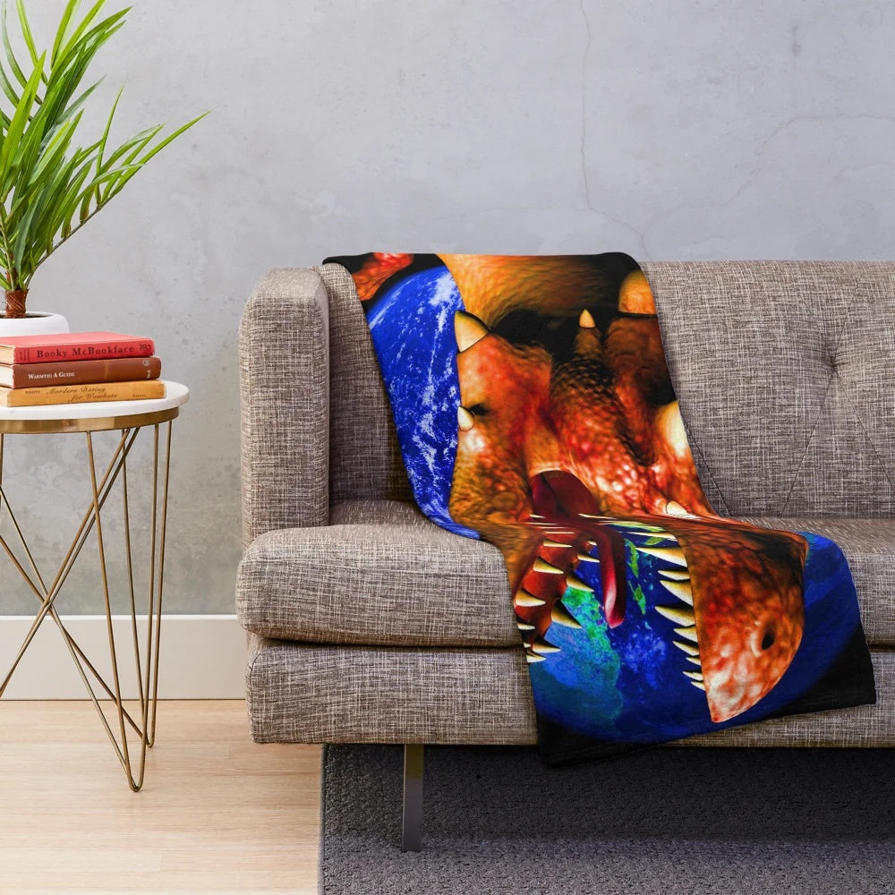 Dragon-themed plush blanket with abstract, colorful patterns